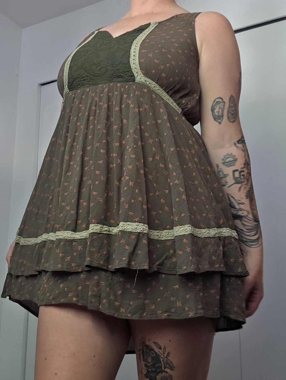 Miss Me Olive Green Mini Dress with Light Green Lace Accents